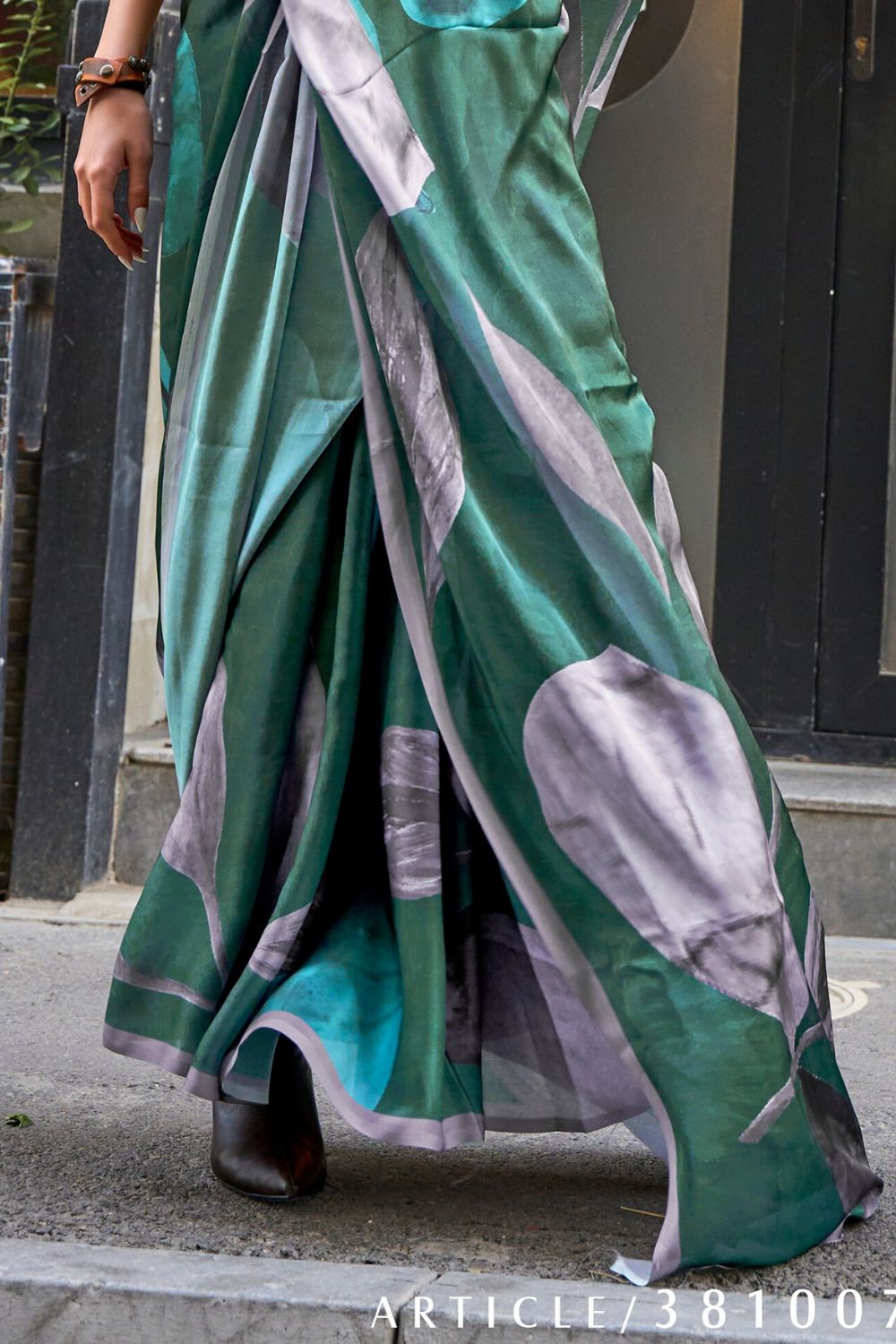 Bottle Green Elegant Bollywood Satin Printed Saree – Party & Festive Wear ClothsVilla