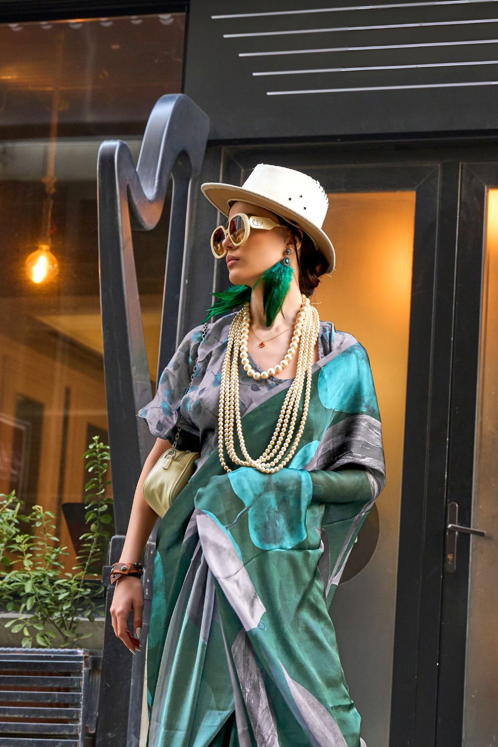Bottle Green Elegant Bollywood Satin Printed Saree – Party & Festive Wear ClothsVilla