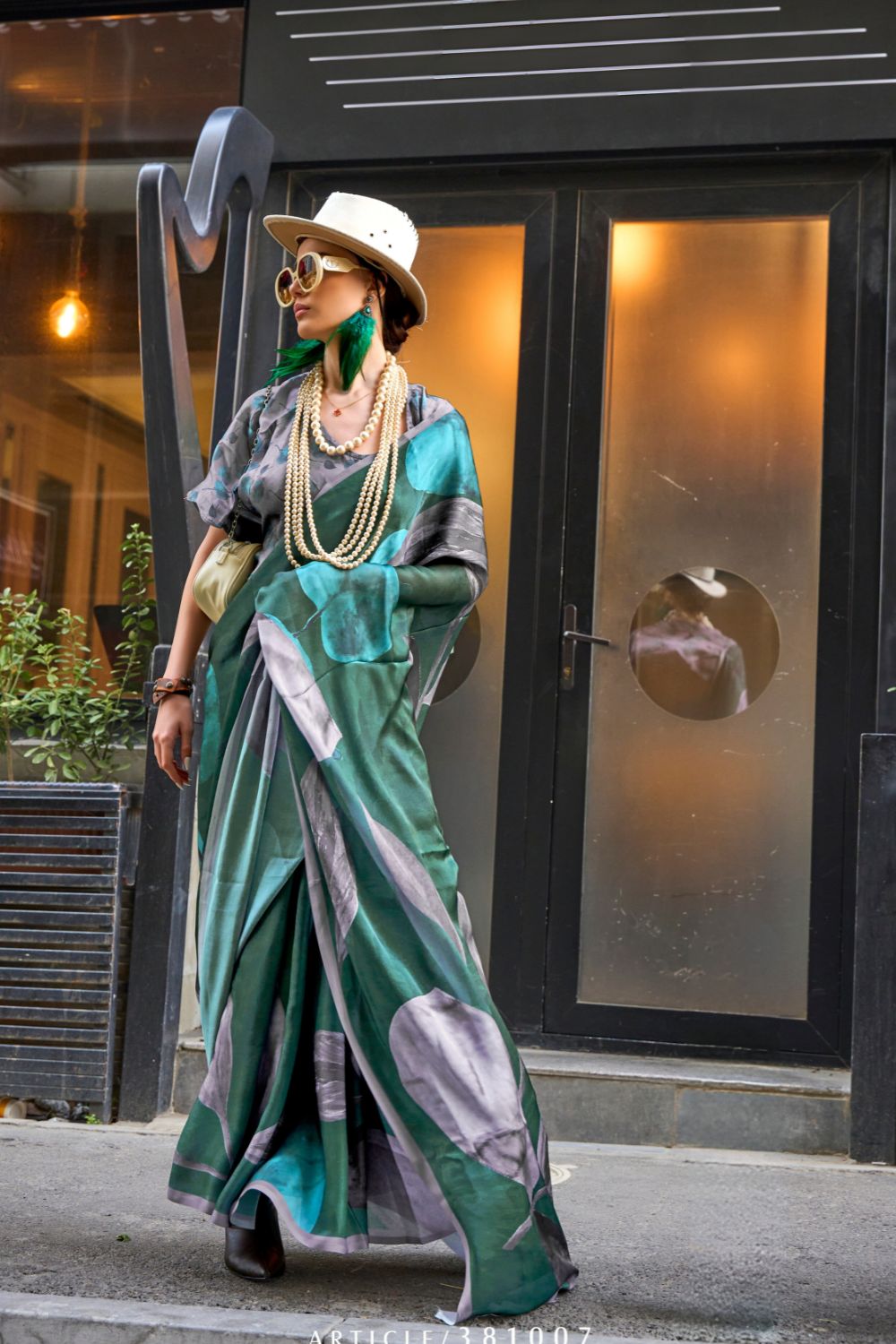Bottle Green Elegant Bollywood Satin Printed Saree – Party & Festive Wear ClothsVilla Main image
