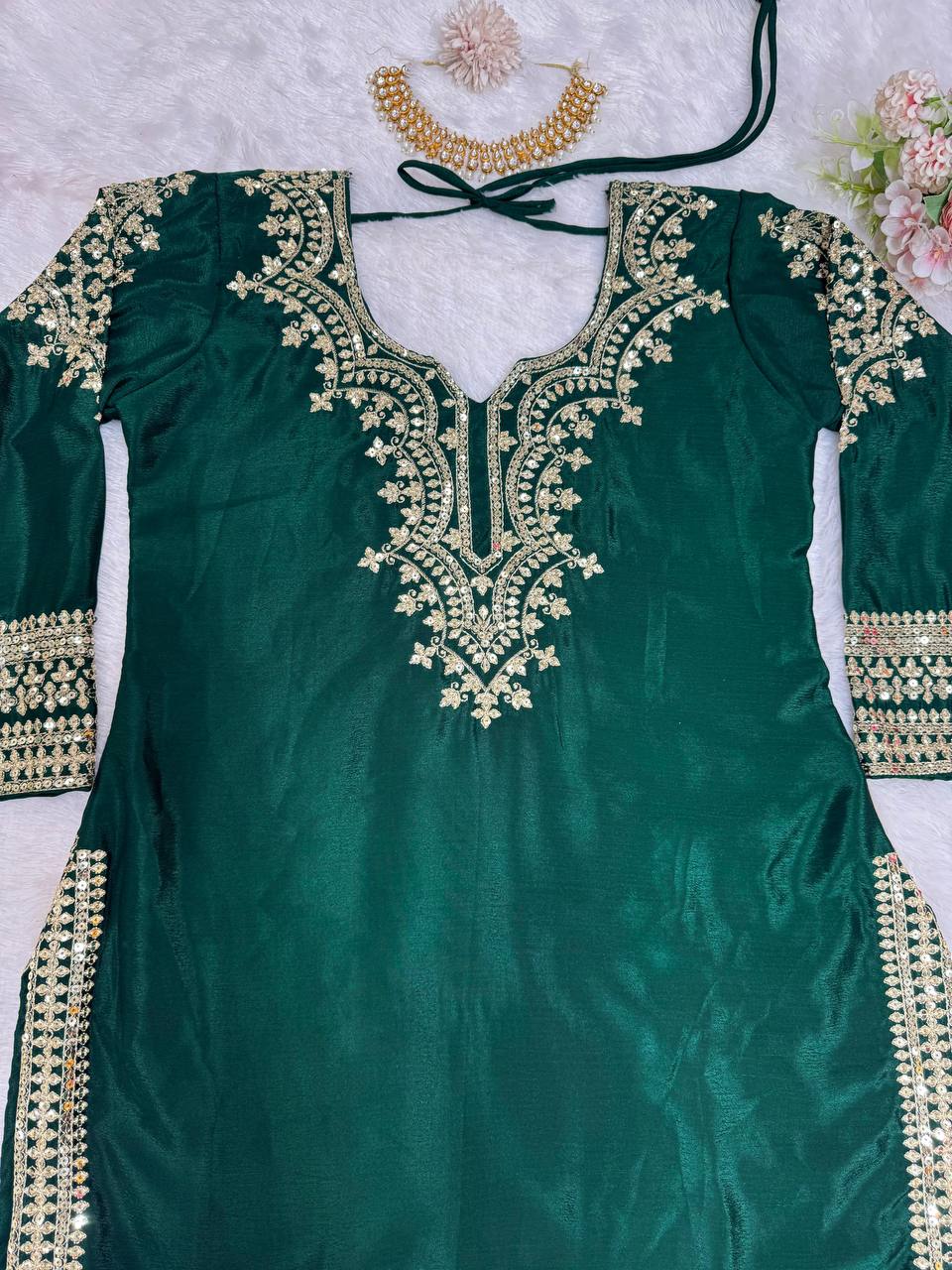 Bottle Green Elegant Chinon Silk Sharara Set with Dupatta ClothsVilla