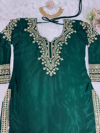Bottle Green Elegant Chinon Silk Sharara Set with Dupatta ClothsVilla