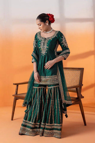 Bottle Green Elegant Chinon Silk Sharara Set with Dupatta ClothsVilla