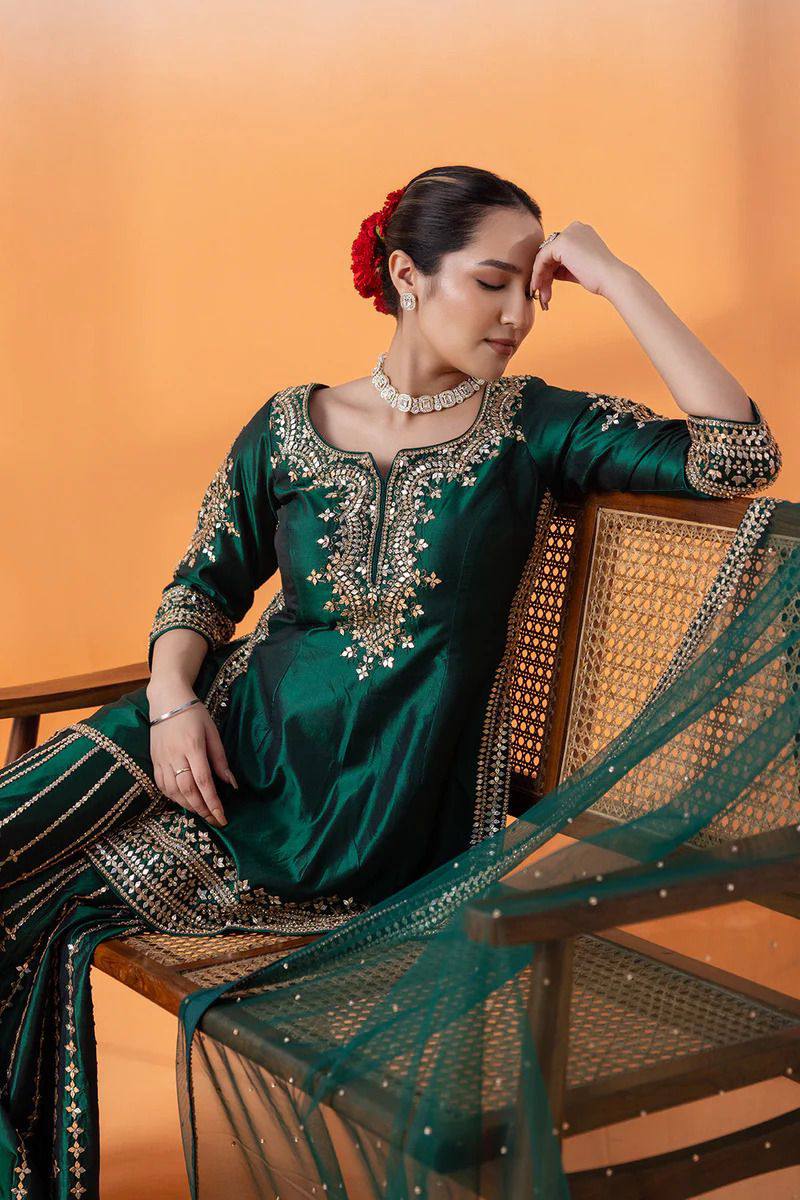 Bottle Green Elegant Chinon Silk Sharara Set with Dupatta ClothsVilla