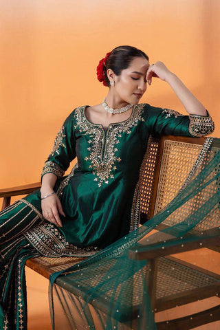 Bottle Green Elegant Chinon Silk Sharara Set with Dupatta ClothsVilla