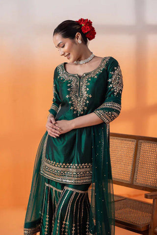 Bottle Green Elegant Chinon Silk Sharara Set with Dupatta ClothsVilla