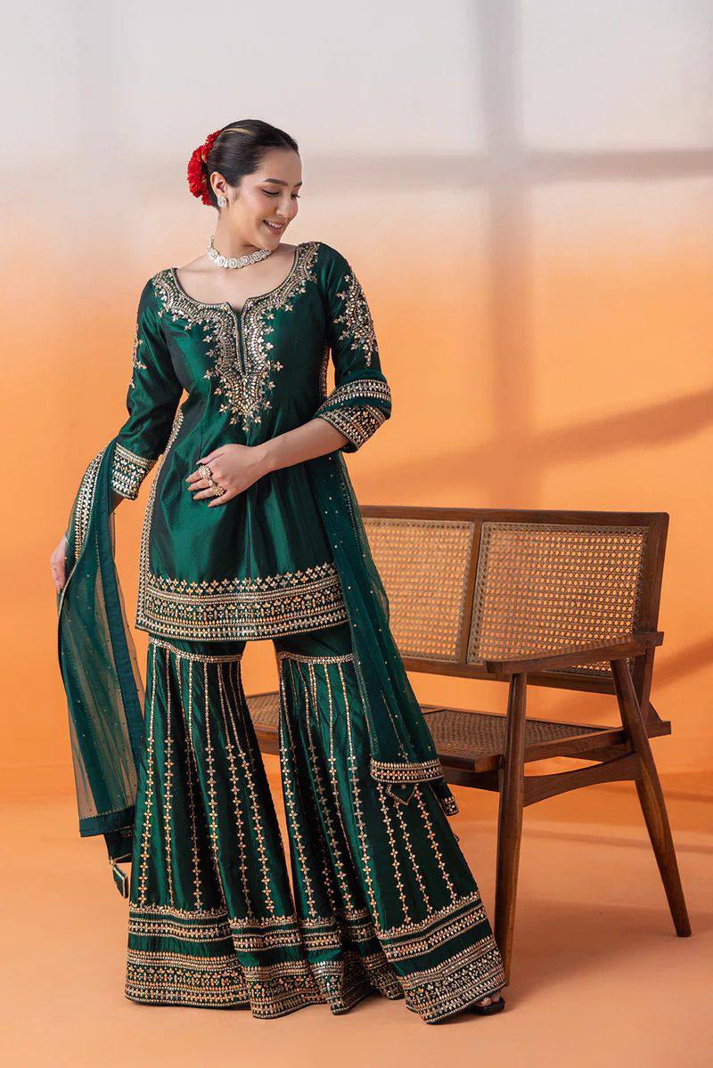 Bottle Green Elegant Chinon Silk Sharara Set with Dupatta ClothsVilla Main image