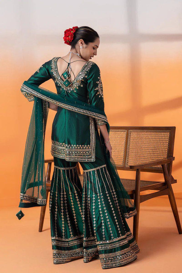 Bottle Green Elegant Chinon Silk Sharara Set with Dupatta ClothsVilla