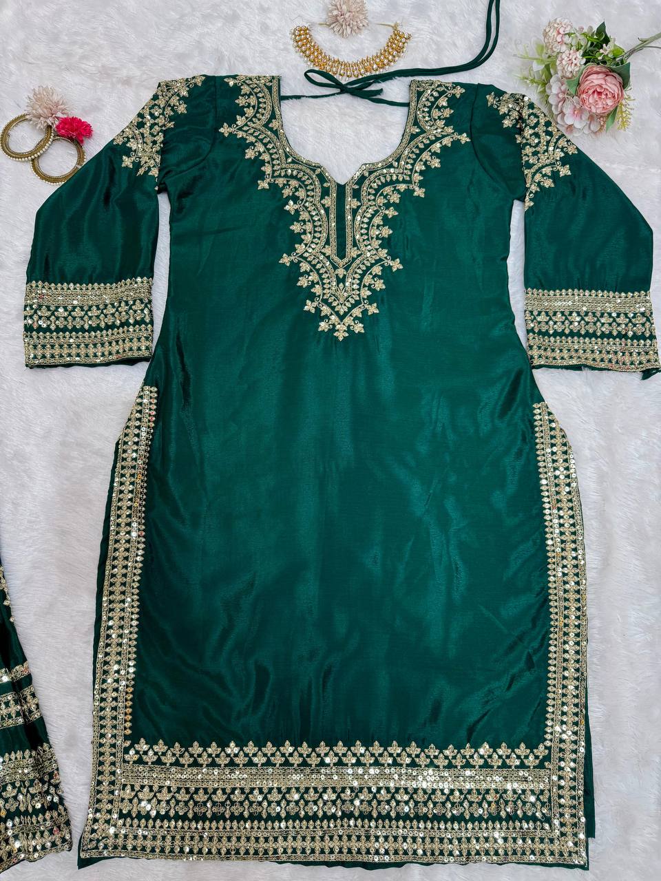 Bottle Green Elegant Chinon Silk Sharara Set with Dupatta ClothsVilla