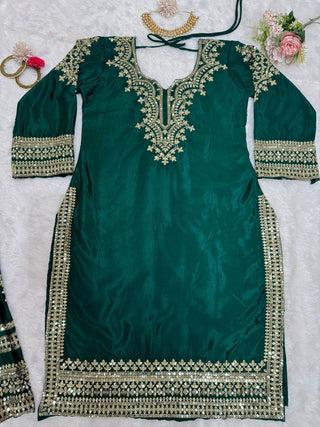 Bottle Green Elegant Chinon Silk Sharara Set with Dupatta ClothsVilla