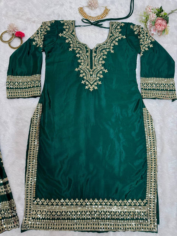 Bottle Green Elegant Chinon Silk Sharara Set with Dupatta ClothsVilla