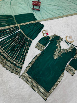 Bottle Green Elegant Chinon Silk Sharara Set with Dupatta ClothsVilla