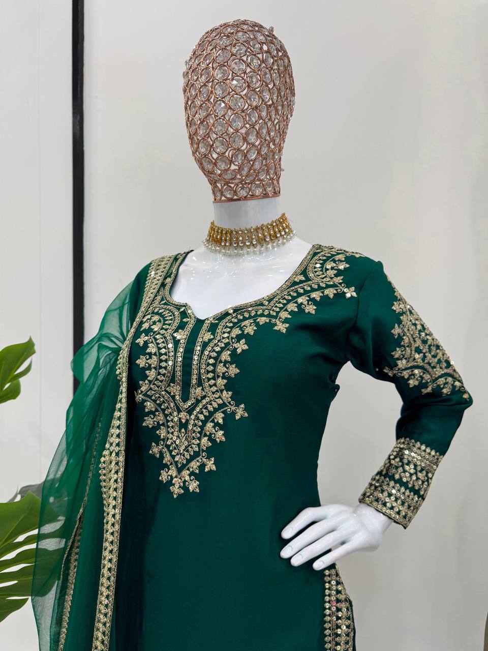 Bottle Green Elegant Chinon Silk Sharara Set with Dupatta ClothsVilla