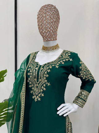 Bottle Green Elegant Chinon Silk Sharara Set with Dupatta ClothsVilla