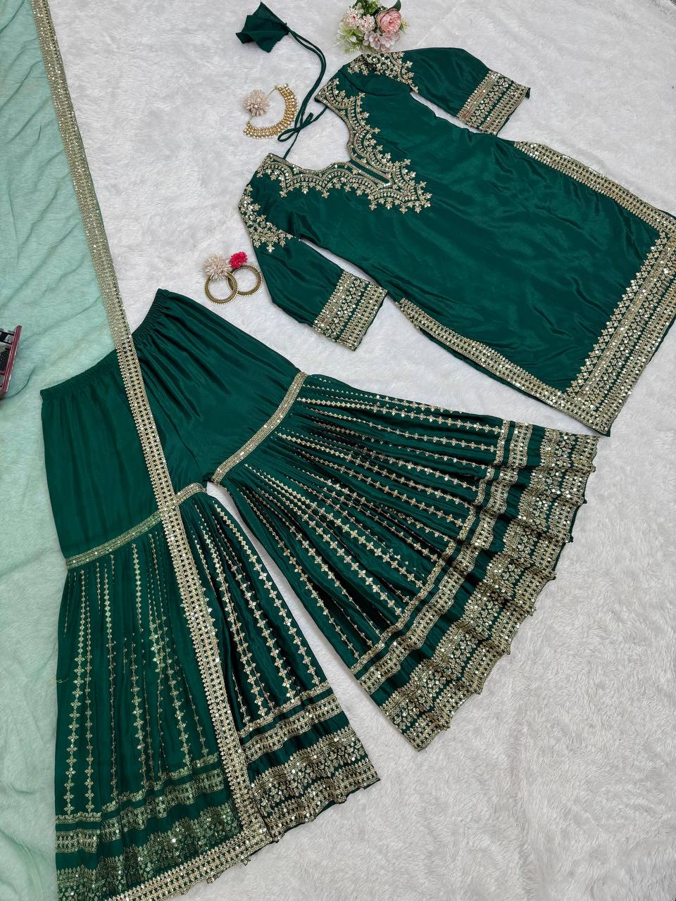 Bottle Green Elegant Chinon Silk Sharara Set with Dupatta ClothsVilla