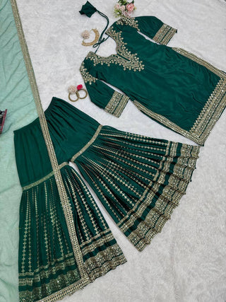 Bottle Green Elegant Chinon Silk Sharara Set with Dupatta ClothsVilla