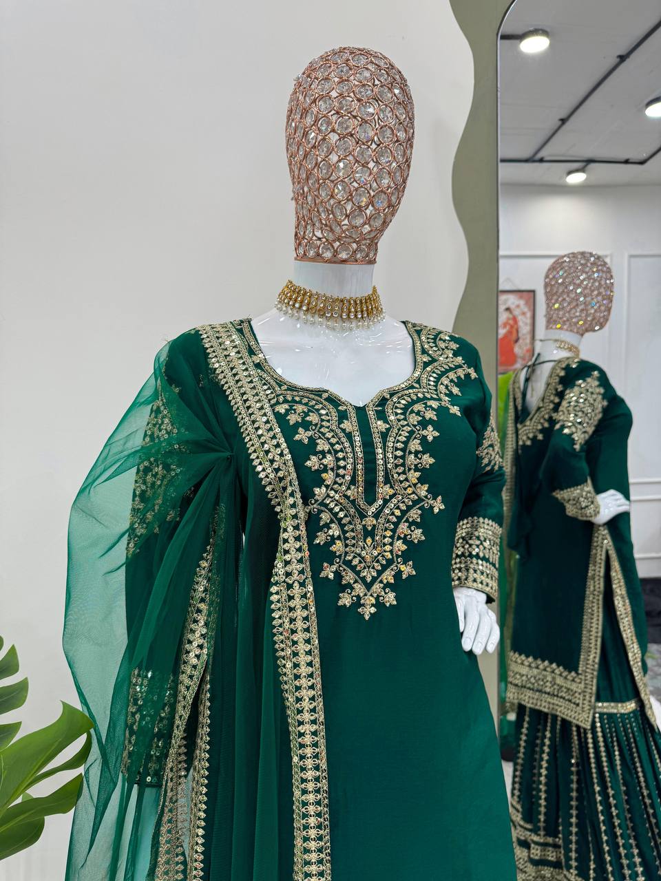 Bottle Green Elegant Chinon Silk Sharara Set with Dupatta ClothsVilla