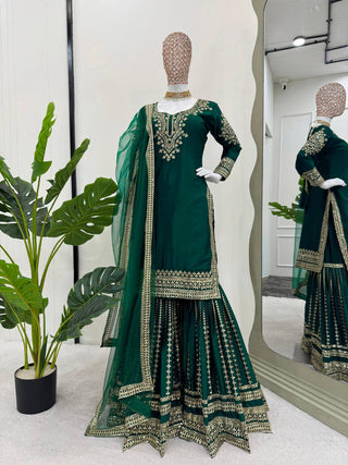 Bottle Green Elegant Chinon Silk Sharara Set with Dupatta ClothsVilla