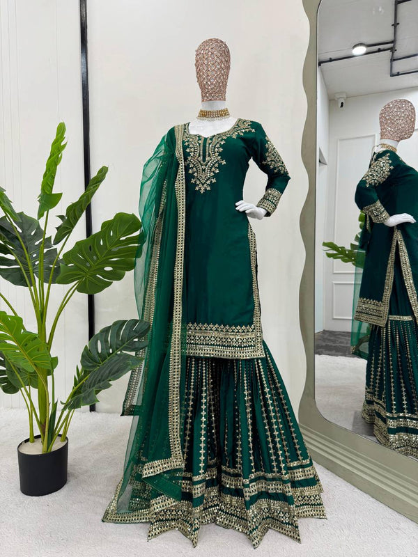 Bottle Green Elegant Chinon Silk Sharara Set with Dupatta ClothsVilla
