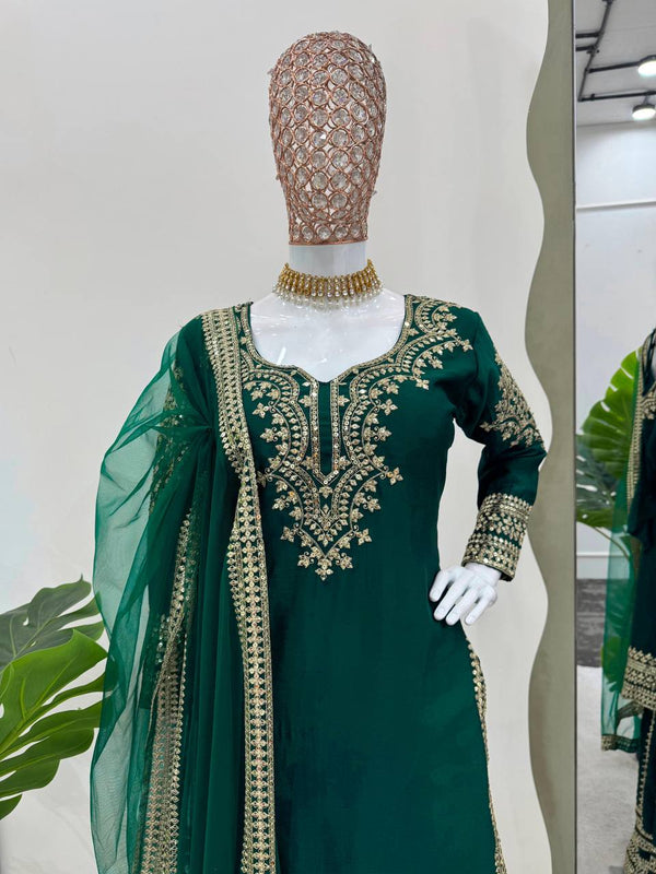 Bottle Green Elegant Chinon Silk Sharara Set with Dupatta ClothsVilla