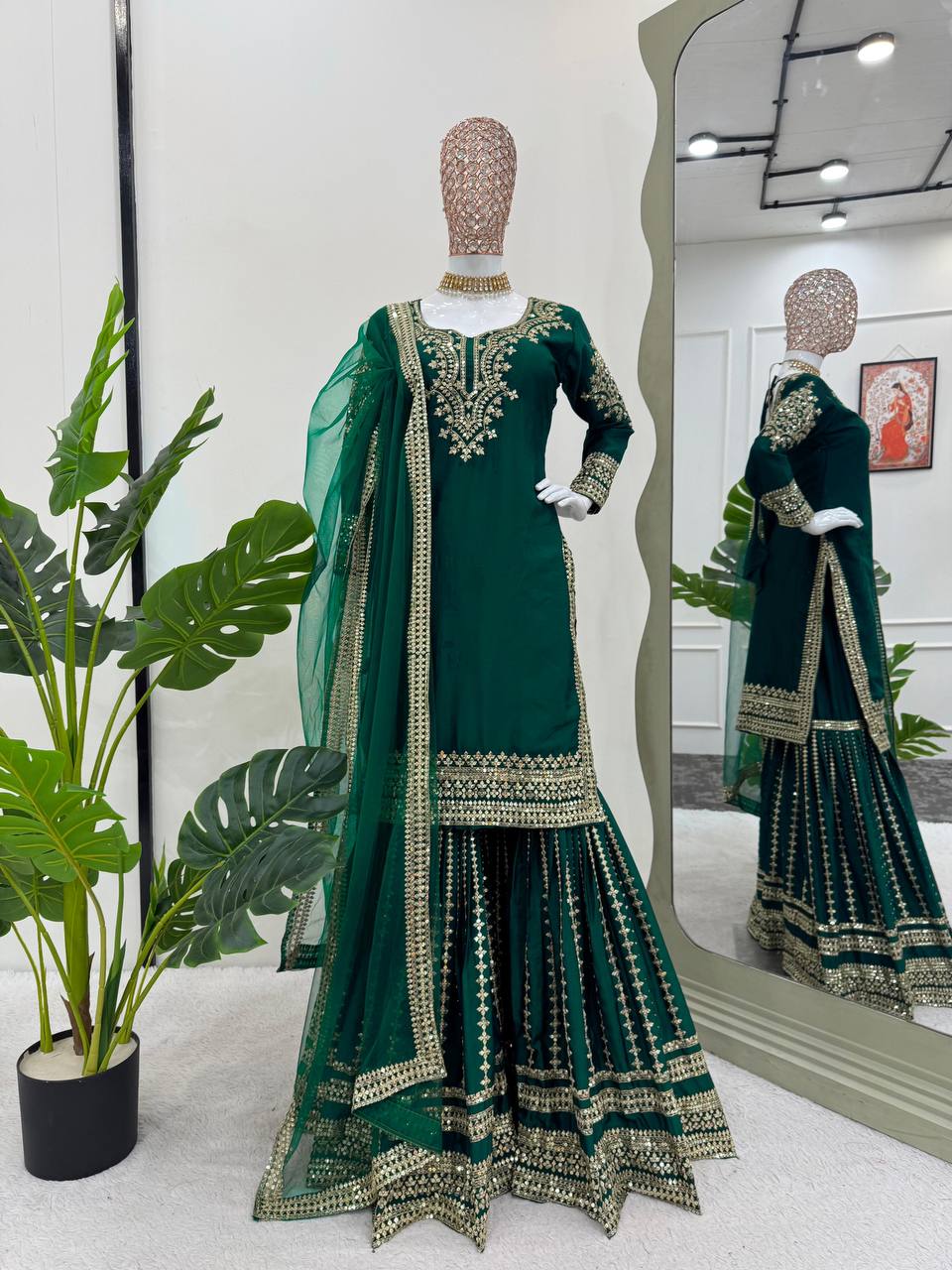 Bottle Green Elegant Chinon Silk Sharara Set with Dupatta ClothsVilla