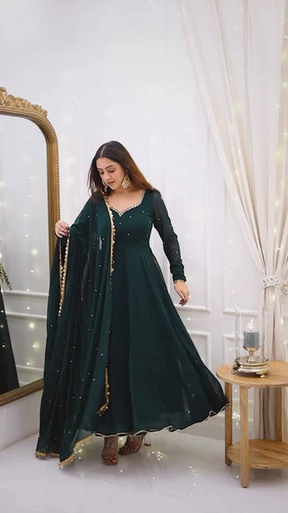 Bottle Green Elegant Handcrafted Georgette Gown Set ClothsVilla