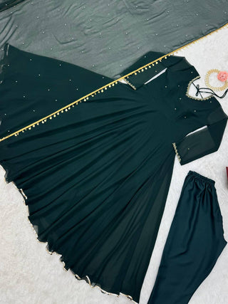 Bottle Green Elegant Handcrafted Georgette Gown Set ClothsVilla