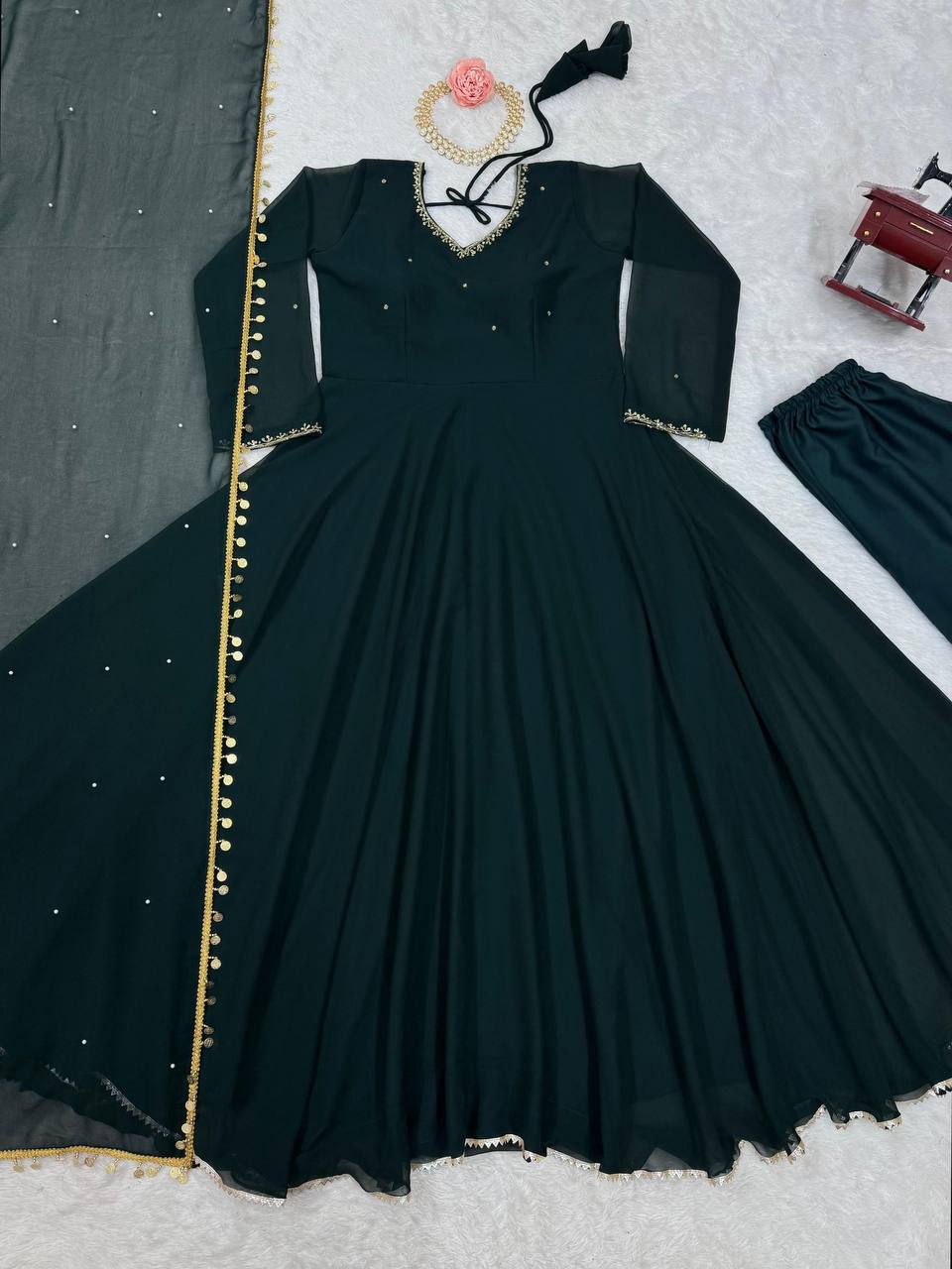 Bottle Green Elegant Handcrafted Georgette Gown Set ClothsVilla