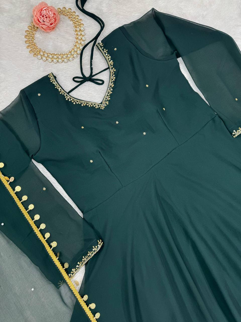 Bottle Green Elegant Handcrafted Georgette Gown Set ClothsVilla