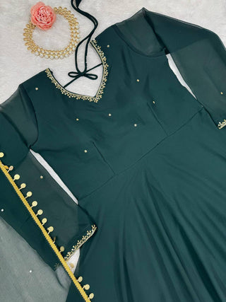 Bottle Green Elegant Handcrafted Georgette Gown Set ClothsVilla
