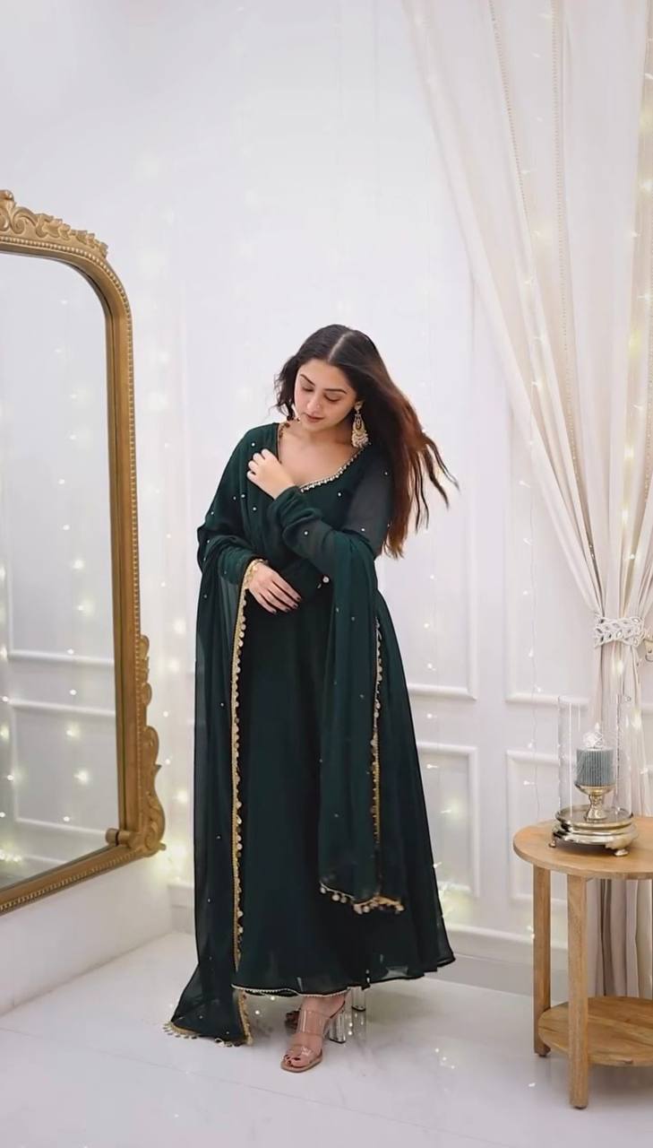 Bottle Green Elegant Handcrafted Georgette Gown Set ClothsVilla