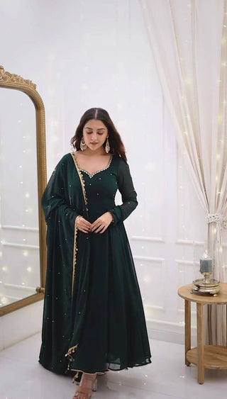 Bottle Green Elegant Handcrafted Georgette Gown Set ClothsVilla