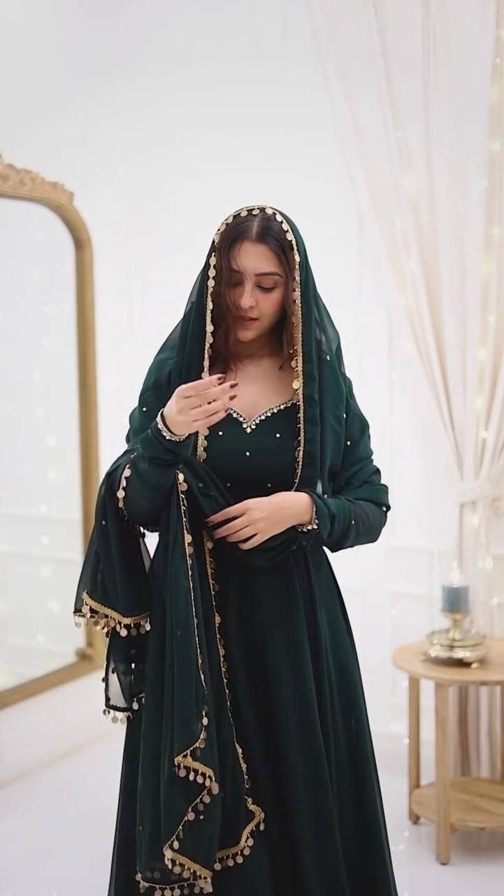 Bottle Green Elegant Handcrafted Georgette Gown Set ClothsVilla