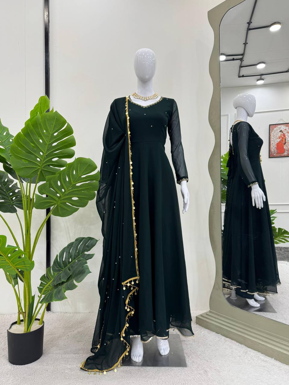 Bottle Green Elegant Handcrafted Georgette Gown Set ClothsVilla