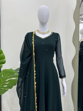 Bottle Green Elegant Handcrafted Georgette Gown Set ClothsVilla