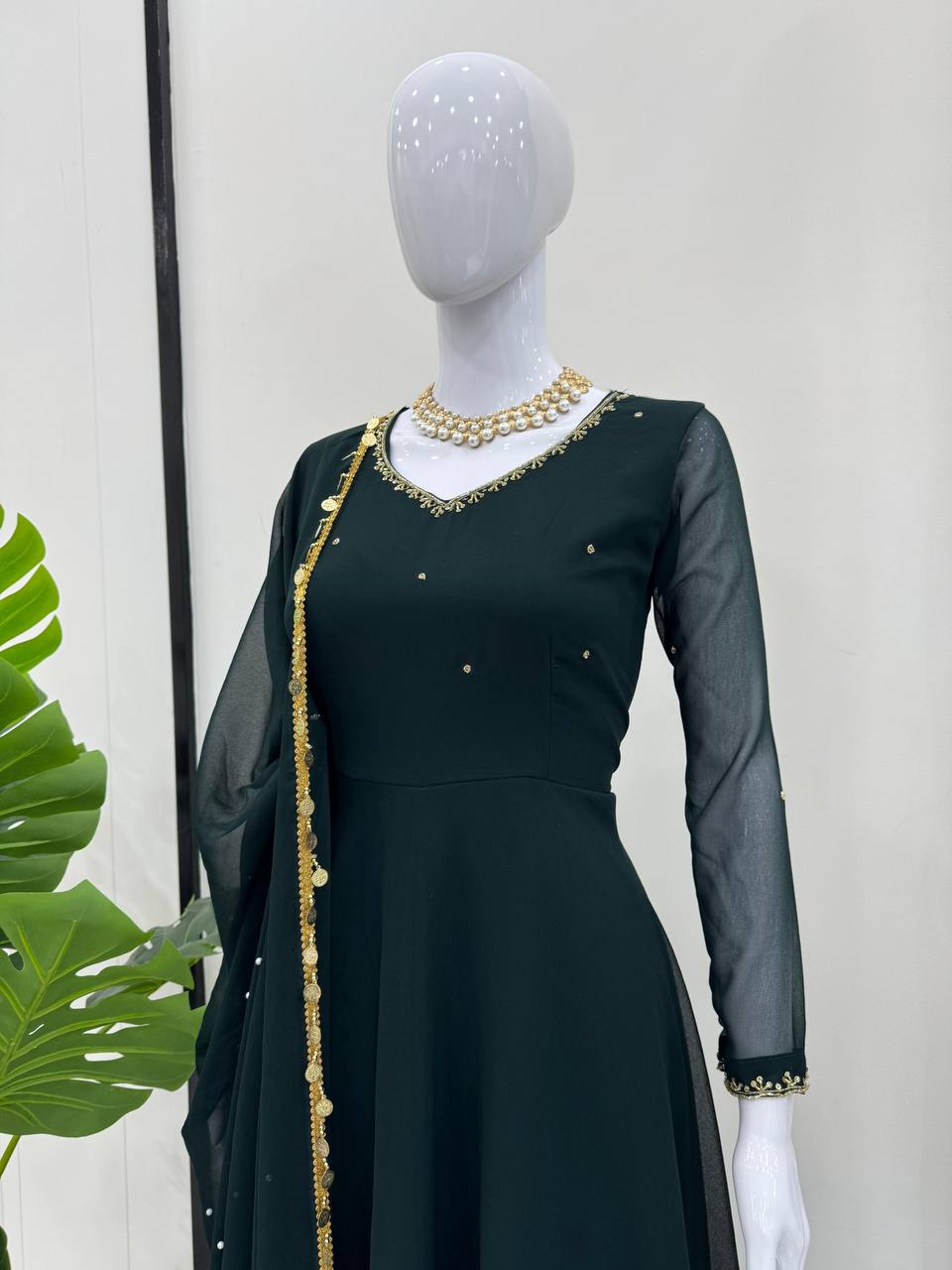 Bottle Green Elegant Handcrafted Georgette Gown Set ClothsVilla