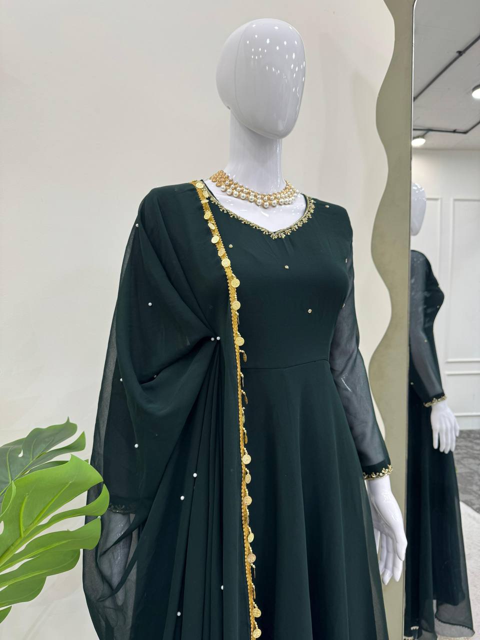 Bottle Green Elegant Handcrafted Georgette Gown Set ClothsVilla