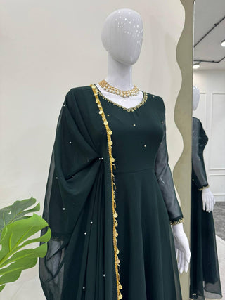 Bottle Green Elegant Handcrafted Georgette Gown Set ClothsVilla