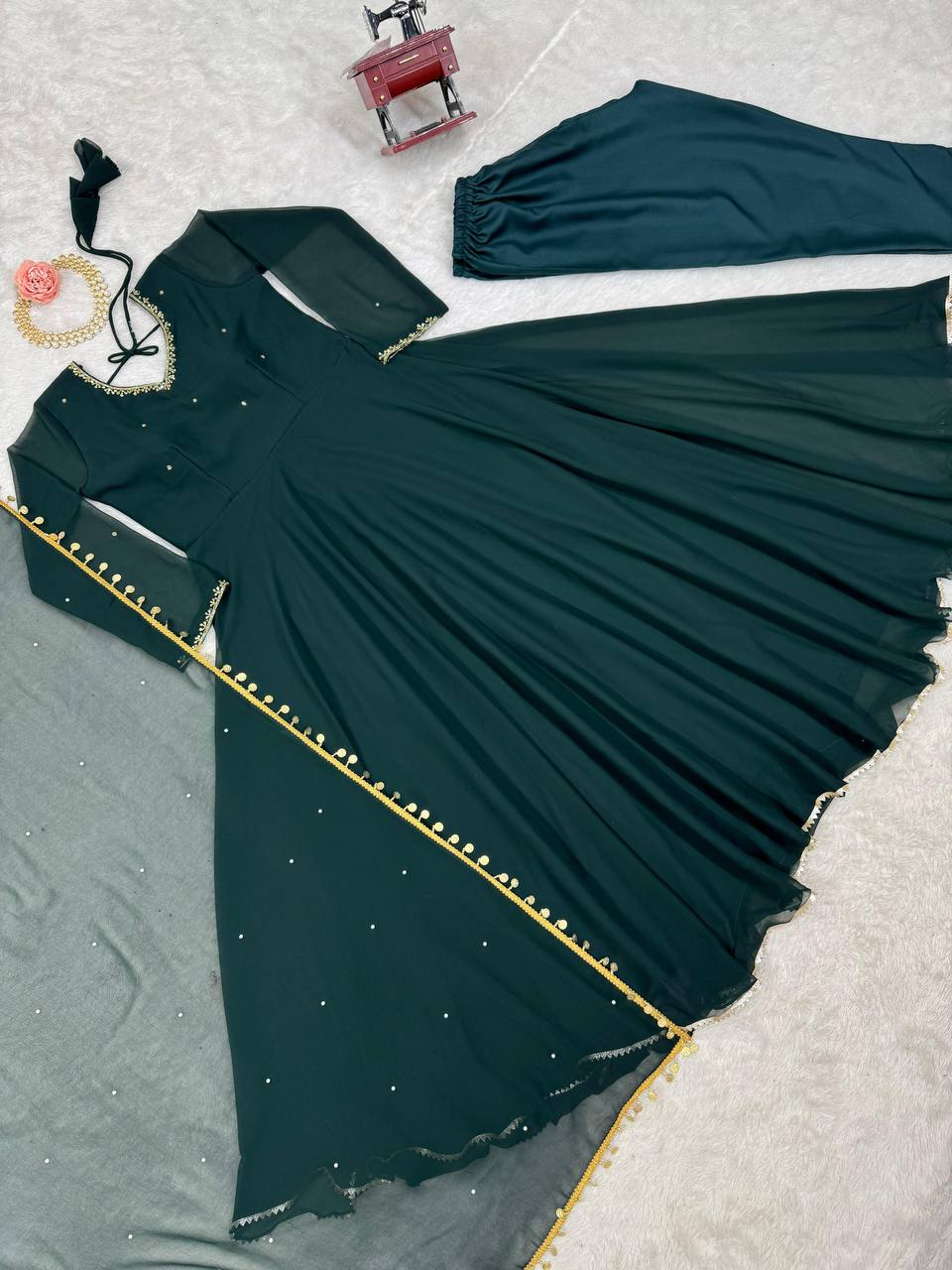 Bottle Green Elegant Handcrafted Georgette Gown Set ClothsVilla