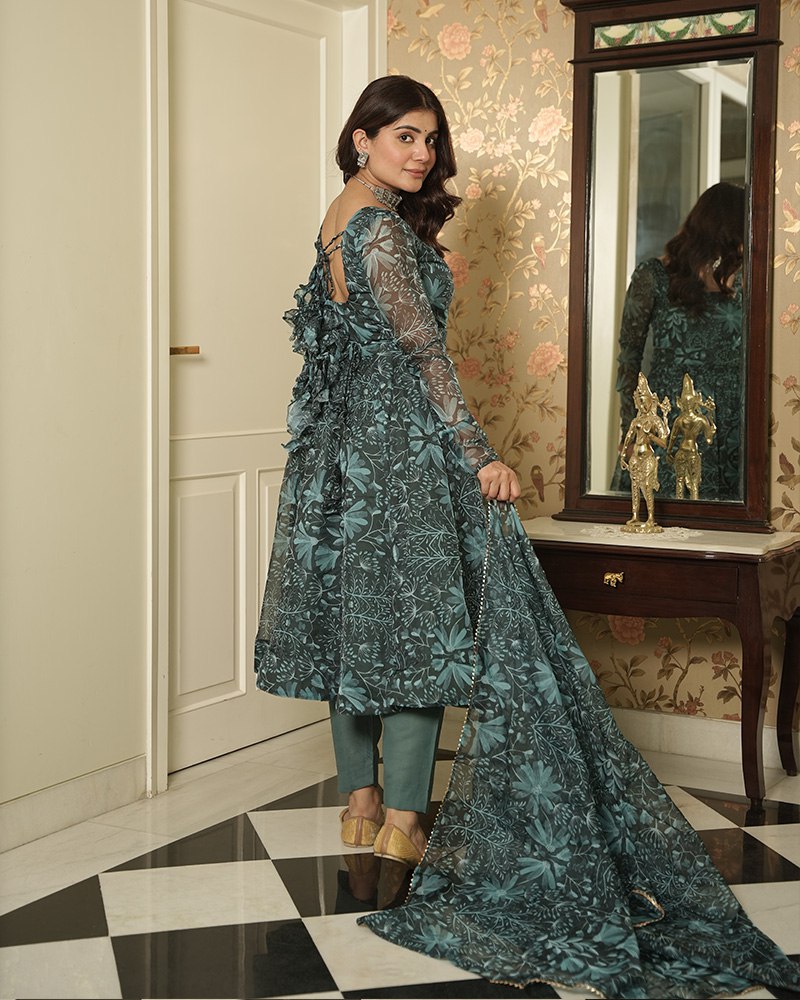 Bottle Green Elegant Printed Three-Piece Anarkali Suit with Belt ClothsVilla