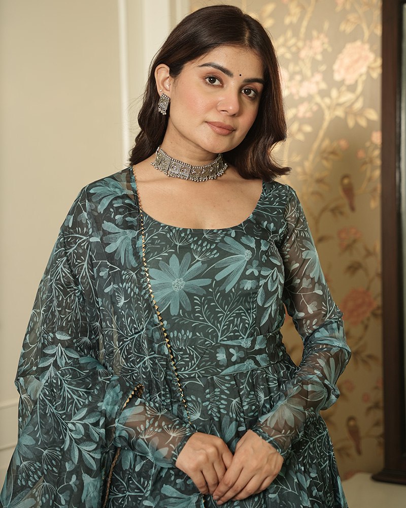 Bottle Green Elegant Printed Three-Piece Anarkali Suit with Belt ClothsVilla