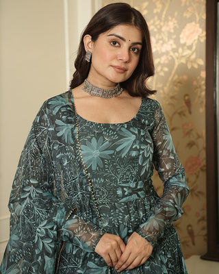 Bottle Green Elegant Printed Three-Piece Anarkali Suit with Belt ClothsVilla