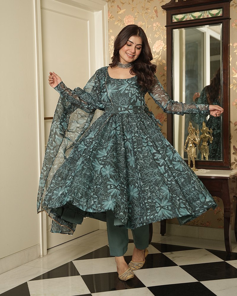 Bottle Green Elegant Printed Three-Piece Anarkali Suit with Belt Bottle Green Elegant Printed Three-Piece Anarkali Suit with Belt