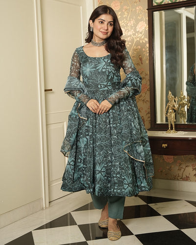 Bottle Green Elegant Printed Three-Piece Anarkali Suit with Belt ClothsVilla