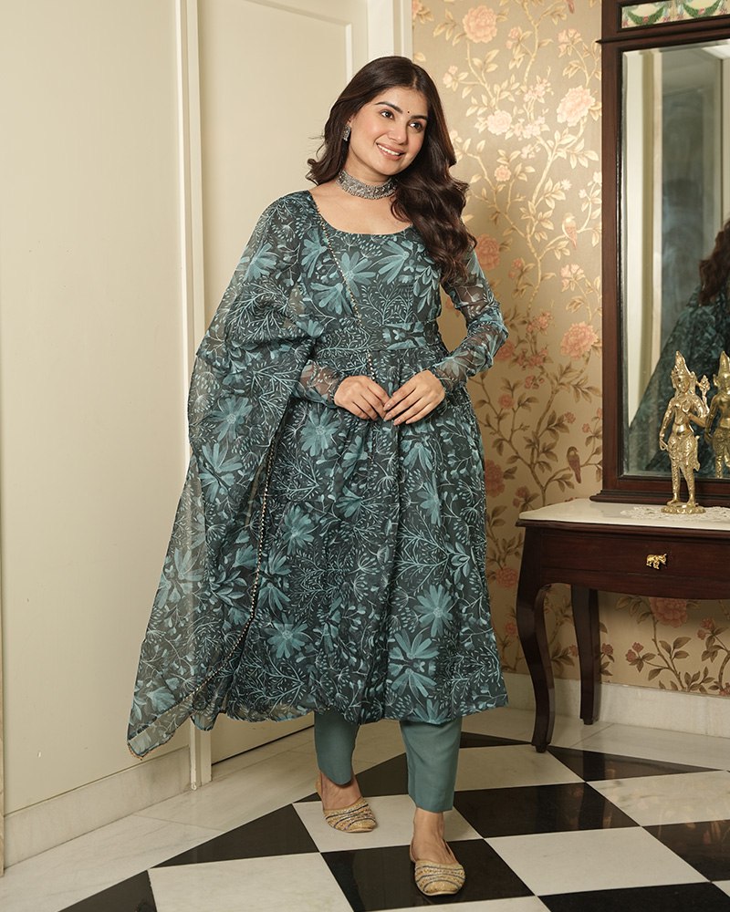 Bottle Green Elegant Printed Three-Piece Anarkali Suit with Belt ClothsVilla