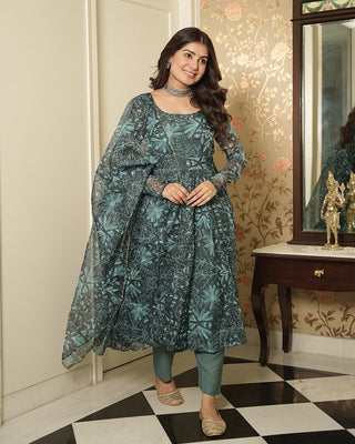 Bottle Green Elegant Printed Three-Piece Anarkali Suit with Belt ClothsVilla