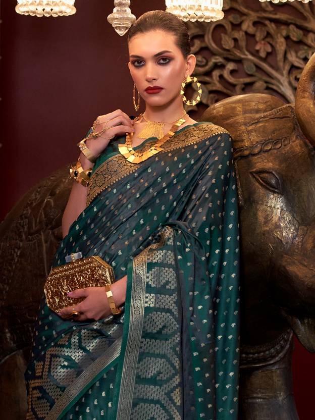 Bottle Green Elegant Pure Satin Handloom Saree with Unstitched Blouse Piece Secondary image