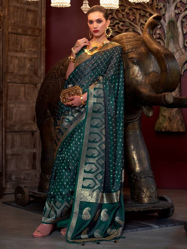 Bottle Green Elegant Pure Satin Handloom Saree with Unstitched Blouse Piece Clothsvilla