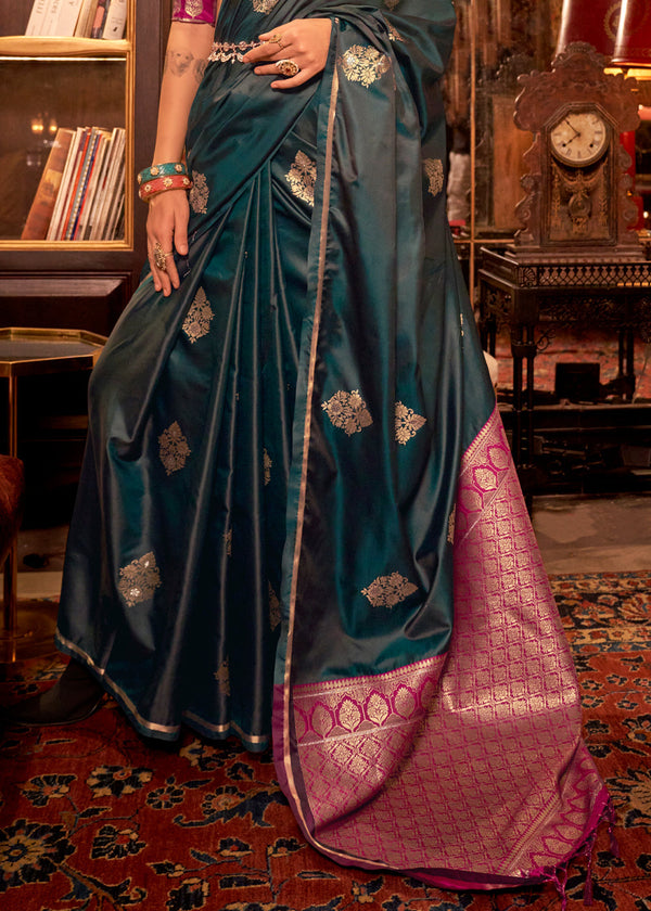 Bottle Green Elegant Satin Silk Saree – Evening Cocktail & Dinner Party Wear ClothsVilla