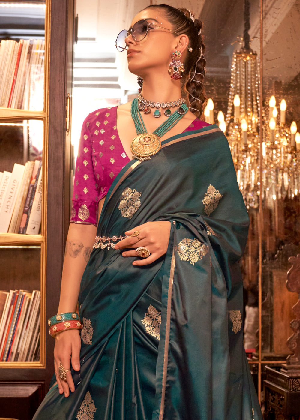 Bottle Green Elegant Satin Silk Saree – Evening Cocktail & Dinner Party Wear ClothsVilla