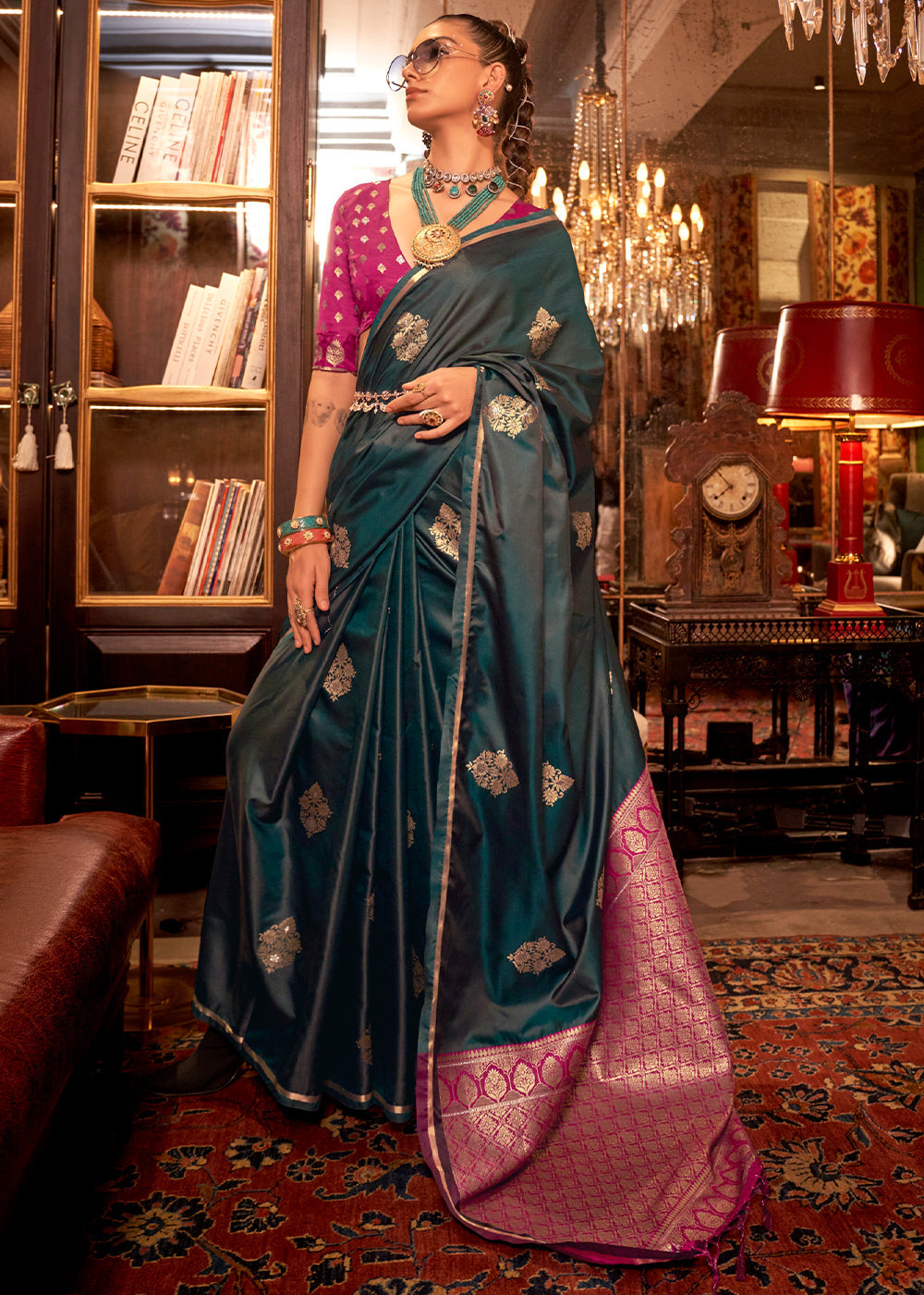 Bottle Green Elegant Satin Silk Saree – Evening Cocktail & Dinner Party Wear ClothsVilla